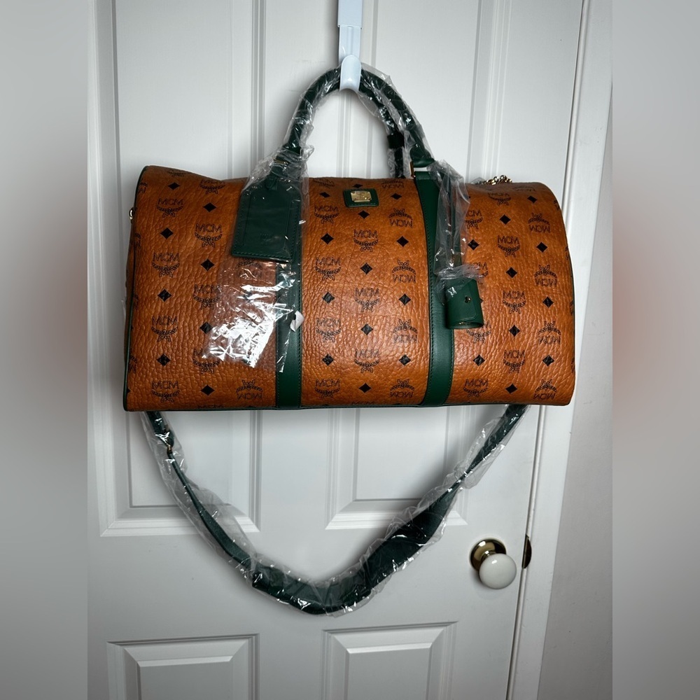 MCM Cognac and Forest Green Duffel Bag